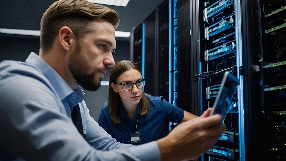 Engineer working in a data center with racks and cabling
